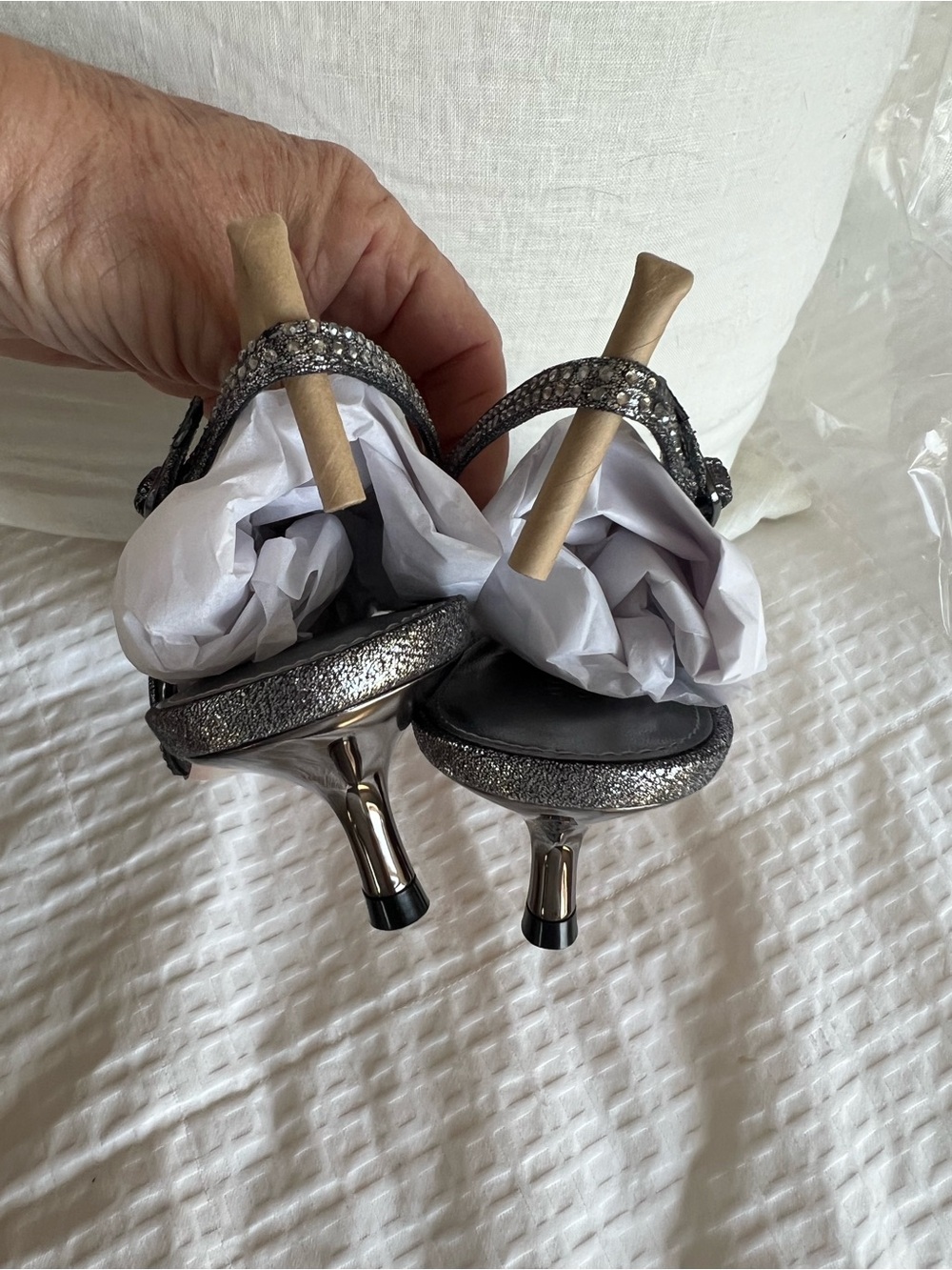 Steve Madden Silver / Pewter Rhinestone Pointed Slingback Heels - Picture 3 of 7